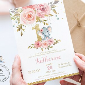EDITIERBARE VORLAGE Blush rosa Blumen Elefant 1. Geburtstag Einladung, Cute Chic Invite Printable, Mädchen erster Geburtstag, INSTANT Download, PK2