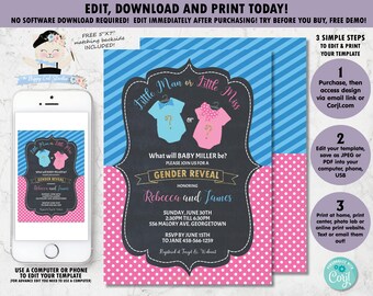 EDITABLE TEMPLATE Gender Reveal Invitation, Little Man or Little Miss Gender Reveal Party Invite, Gender Reveal Printable, Baby Shower, GR1