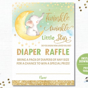 Windelraffe, INSTANT DOWNLOAD Twinkle Twinkle Little Star Baby Shower Diaper Ticket Insert Karte, Neutral Grün Gold Elefant Printable TS1