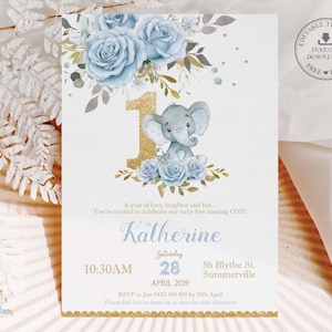 EDITIERBARE VORLAGE Baby Blau Blumen Elefant 1. Geburtstag Einladung Süßer Chic Einladen Druckbar Junge Erster Geburtstag SOFORT Download BK2