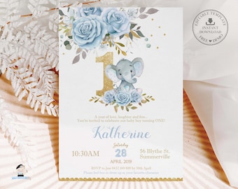EDITABLE TEMPLATE Baby Blue Floral Elephant 1st Birthday Invitation Cute Chic Invite Printable Boy First Birthday INSTANT Download BK2