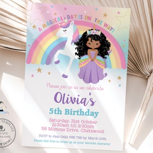 Princess and Unicorn Birthday Party Invitation, EDITABLE TEMPLATE, Cute African Black Long Hair Princess Printable, INSTANT Download, PU1