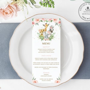 Dschungel Tiere Menü druckbare, EDITIERBARE VORLAGE Chic Pink Blush Floral Grün Mädchen Babyparty 1. Geburtstag Elefant SOFORTIGER Download JA6