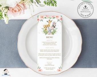 Peut inclure: Une carte de menu avec un design floral et le mot "MENU" en haut. Le menu présente une illustration à l'aquarelle d'une girafe, d'un lion, d'un zèbre et d'un éléphant. Le menu comprend des options d'apéritif, de plat principal et de dessert.