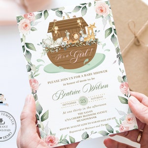 Noah&#39;s Ark Blush Pink Floral Greenery Baby Shower Invitation EDITABLE TEMPLATE Chic Girl 1st Birthday Noahs Animals Invites Printable NA1