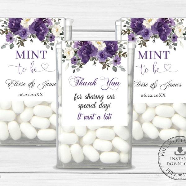 Dark Purple Floral Tic Tac Labels EDITABLE TEMPLATE Mint To Be Plum Flowers Sticker Favors Wedding Bridal Baby Shower Printable File WP1