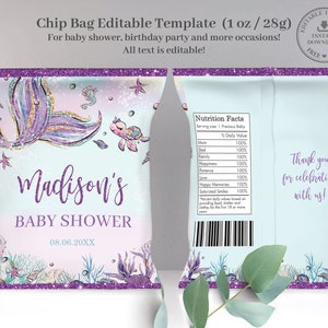 Skurrile Meerjungfrau Schwanz Chip Tasche druckbare EDITIERBARE VORLAGE, unter dem Meer Geburtstag Pool Party Baby Shower Label Bevorzugungen SOFORTIGER Download MT2