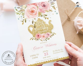 Blush Pink Floral Tea Party Invitation, EDITABLE TEMPLATE, High Tea Garden Birthday Party Invite, Elegant Chic Roses, INSTANT Download, TP2