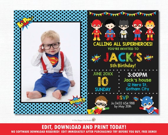 Superhero Invitation, EDITABLE TEMPLATE, Boys Super Hero Printable, Superheroes Photo Invite, Joint Birthday Party Diy INSTANT Download, HP1 Il_570xn