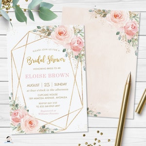 May include: A pink and gold bridal shower invitation with a geometric frame and floral design. The invitation reads "Please join us for a Bridal Shower honoring Bride-to-be Eloise Brown, August 25, Sunday at four o'clock in the afternoon, Cupcake House, 189 Mimosa Avenue, Avonlea. RSVP by July 31st to Jess 568-8969-4897. Registered at Williams-Sonoma."