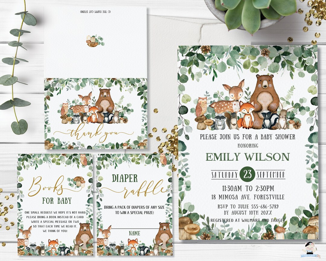 50 Einladungskarten Wald-Thema Baby-Shower – Inkl. Umschläge, Windel-Tombola Tickets & Buchkarten – Niedliches Design