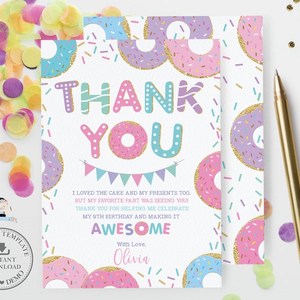 Sweet Donuts Thank You Card, EDITABLE TEMPLATE, Chic Cute Pink Purple Blue Gold Doughnuts Sprinkles Girl 1st Birthday, INSTANT Download, DN1