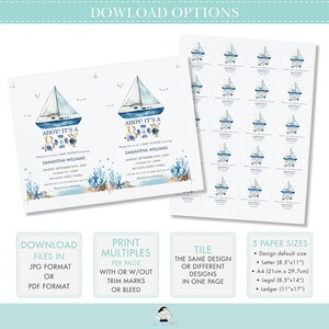 May include: Ahoy! It's a Boy baby shower invitation featuring a blue and white sailboat, anchors, and seashells. The invitation includes the text "Ahoy! It's a Boy" and the name "Samantha Williams". The invitation is available in JPG or PDF format and can be printed with or without trim marks or bleed. The invitation can be tiled with the same design or different designs on one page. The invitation is available in five paper sizes: Letter (8.5"x11"), A4 (21cm x 29.7cm), Legal (8.5"x14"), Ledger (11"x17"), and a design default size.