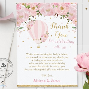 Cartão de agradecimento de chá de bebê com balão de ar quente, chá de bebê, aniversário, blush de noiva rosa floral, chique, dourado brilhante, modelo editável, HB2