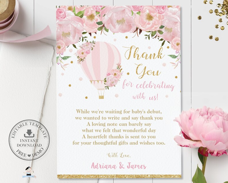 Hot Air Balloon Baby Shower Thank You Card, Baby Girl Shower, Birthday, Bridal Blush Pink Floral, Chic, Glitter Gold, EDITABLE TEMPLATE, HB2 image 1