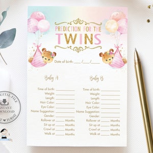 Teddyberen tweeling meisjes babyshower voorspellingskaart, schattige tweeling knuffels roze ballonnen gamekaart activiteiten afdrukbaar, INSTANT DOWNLOAD, TB5