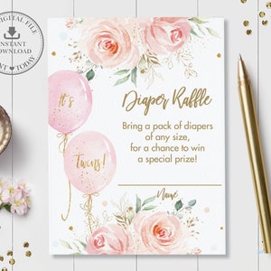 Twins Blush Pink Floral Balloons Diaper Raffle Card, Chic Girly Twin Girls Shower Diaper Raffle Ticket Insert, Diy Pdf INSTANT Download, BA1