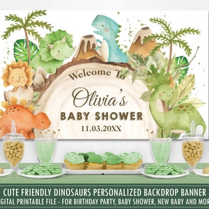 May include: A digital printable backdrop banner featuring cute cartoon dinosaurs in a jungle setting. The banner says "Welcome to Olivia's Baby Shower 11.03.20XX".