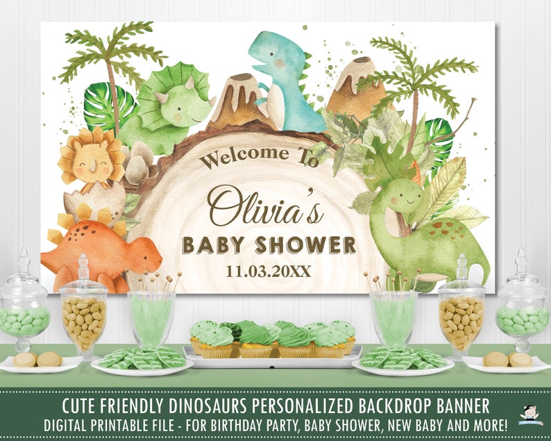 May include: A digital printable backdrop banner featuring cute cartoon dinosaurs in a jungle setting. The banner says "Welcome to Olivia's Baby Shower 11.03.20XX".