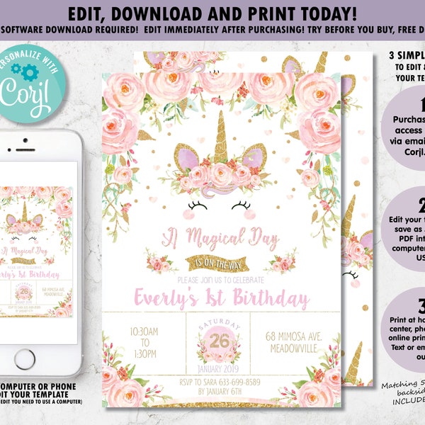 EDITABLE TEMPLATE, Unicorn Invitation, Unicorn 1st Birthday Invitation, Unicorn Invite, Unicorn Invitation Birthday, Unicorn Printable, UB1