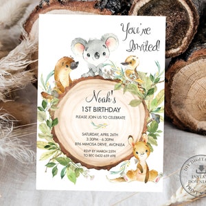 Australian Animals Birthday Party Invitation, EDITABLE TEMPLATE, Cute Koala Kangaroo Boy Girl Gender Neutral Greenery Invite Printable, AU1