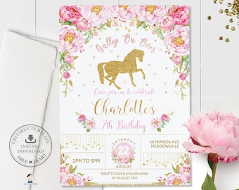 Horse Birthday Invitation, EDITABLE TEMPLATE, Pony Invite, Whimsical Chic Pink Floral Gold Glitter Horse Printable, INSTANT Download, HR1