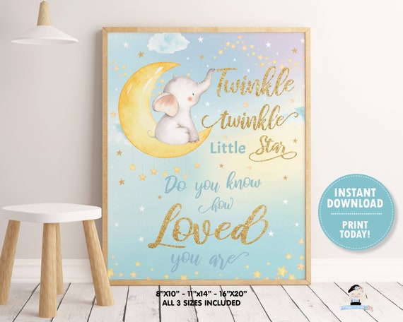 Twinkle Twinkle Little Star Do You Know How Loved You Are Nursery Wall Art Elephant Moon Rainbow Whimsical Decor Instant Download Ts1 By The Happy Cat Studio Catch My Party