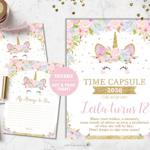 Cartel de la cápsula del tiempo de unicornio, tarjeta de mensaje, decoración de la primera fiesta de cumpleaños, imprimible, flores de acuarela, floral, brillo dorado, UB2 EDITABLE