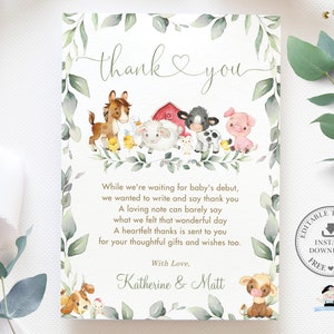Carte de remerciement animaux de la ferme, modèle modifiable, verdure anniversaire sexe neutre Baby Shower imprimable bricolage Pdf, téléchargement immédiat, BY5