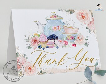 May include: A folded card with a watercolor illustration featuring a blue teapot, teacups, pink roses, and pastries. The words "Thank You" are written in gold script. The card has a DIY digital file download icon.
