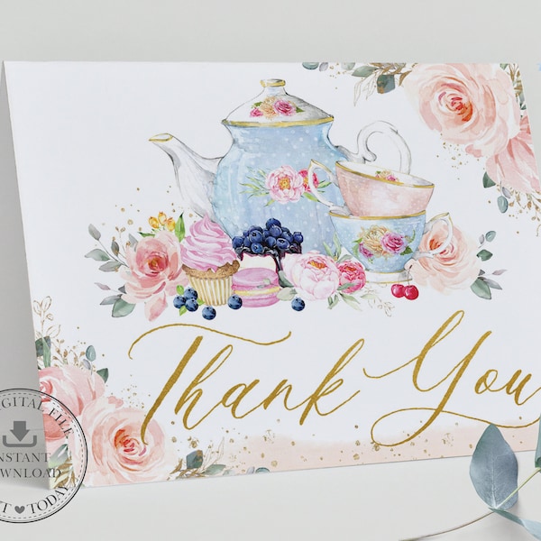 Chic Blush Pink Floral High Tea Party Folded Tent Thank You Card Printable, INSTANT DOWNLOAD, Flowers Royal Bridal Baby Shower Birthday, TP5