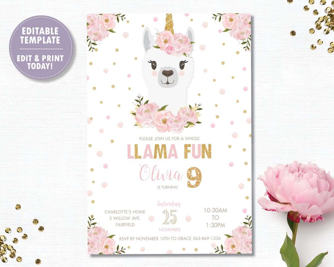 Llama Invitation, EDITABLE TEMPLATE Llama Unicorn Birthday Invitation ...