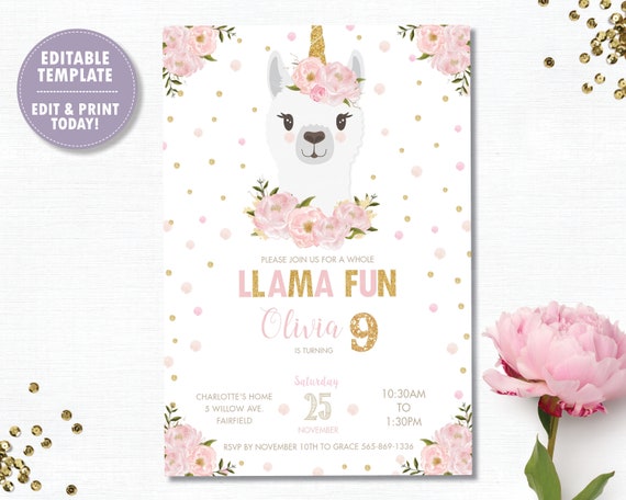Llama Invitation, EDITABLE TEMPLATE Llama Unicorn Birthday Invitation, Llamacorn, Alpaca, Llama Printable, Pink Floral, Instant Download LM1 Il_570xn