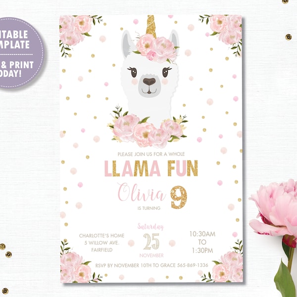 Llama Invitation, EDITABLE TEMPLATE Llama Unicorn Birthday Invitation, Llamacorn, Alpaca, Llama Printable, Pink Floral, Instant Download LM1