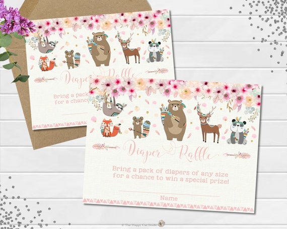 Woodland Animals Diaper Raffle, Ticket, Card, Forest Animals, Baby Shower, Baby Girl, Boho, Tribal, Chic, Garden Party, High Tea, Printable Il_570xn