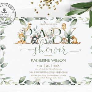 May include: A baby shower invitation with a green and gold color scheme. The invitation features a watercolor illustration of a leafy border with animals in the letters of the word "baby". The text reads "Please join us for a baby shower honoring Katherine Wilson, Aug 25, 20XX, one o'clock in the afternoon, 1/8A Cherry Blossom Avenue, Meadowbank, RSVP by April 25th to Sarah 0423 456 456, Registered at Walmart and Amazon."