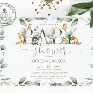 Greenery Australian Animals Baby Shower Invitation, EDITABLE TEMPLATE, Chic Gender Neutral Boy Girl Koala Kangaroo Invite Printable Pdf, AU5