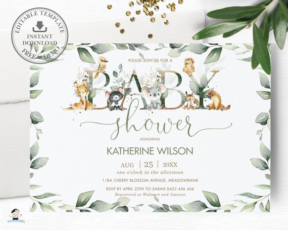 Greenery Australian Animals Baby Shower Invitation, EDITABLE TEMPLATE, Chic Gender Neutral Boy Girl Koala Kangaroo Invite Printable Pdf, AU5 Il_570xn