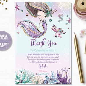 Sirène Merci Note carte Téléchargement instantané, lunatique sirène anniversaire Baby Shower sous la mer imprimable, bricolage PDF modèle modifiable MT2
