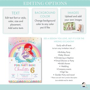 Pode incluir: Um design de convite colorido para uma festa na piscina. O convite apresenta uma sereia montada em um unic&oacute;rnio sobre um arco-&iacute;ris, com o texto "Let's Make a Splash!". Inclui detalhes para a festa de anivers&aacute;rio de 6 anos de Charlotte.