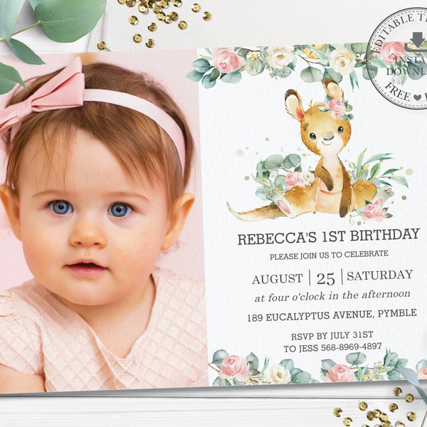 Cute Kangaroo 1st Birthday Invitation, EDITABLE TEMPLATE, Chic Eucalyptus Pink Floral Girl Party Photo Invite Printable INSTANT Download AU3