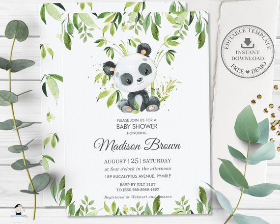 Cute Panda Greenery Invitation EDITABLE TEMPLATE, Baby Shower Gender Neutral Editable Invitation, Invite Printable PDF Instant Download, PA2 Il_570xn