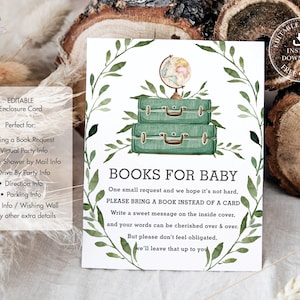 PLANTILLA EDITABLE Greenery Adventure Baby Shower Detalles adicionales Deseando bien Traiga libros Tarjeta adjunta Equipaje de viaje Maleta Imprimible BM1