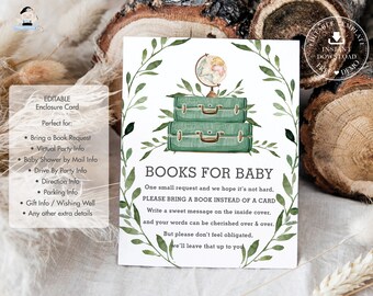 EDITABLE TEMPLATE Greenery Adventure Baby Shower Extra Details Wishing Well Bring Books Enclosure Card Travel Luggage Suitcase Printable BM1