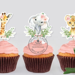Jungle Animals Pink Floral Cupcake Toppers, DESCARGA INSTANTE, Elefante Jirafa León Cebra, Archivo IMPRIMIBLE Baby Shower Cumpleaños Fiesta Pdf JA6