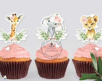 Dschungel Tiere Pink Floral Cupcake Toppers, SOFORTIGER DOWNLOAD, Elefant Giraffe Löwe Zebra, DRUCKBARE Datei Baby Shower Birthday Party Pdf JA6