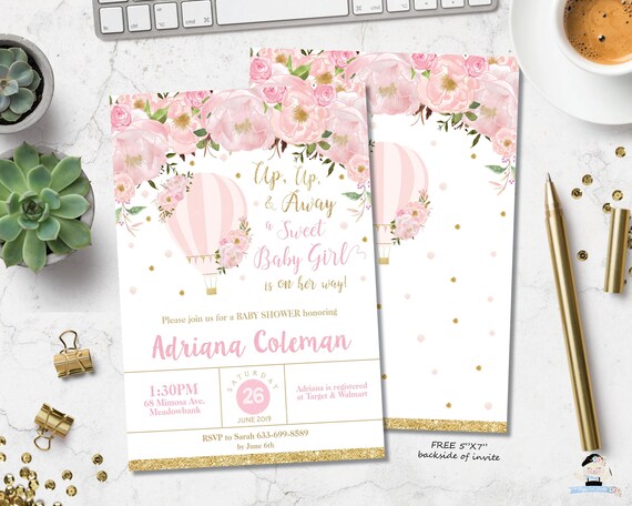 Hot Air Balloon Baby Shower Invitation, Printable Hot Air Balloon, Baby Girl, Blush Pink Floral, Chic, Glitter Gold, EDITABLE TEMPLATE, HB2 Il_570xn