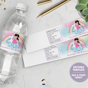May include: A clear water bottle with a custom label featuring a cartoon princess riding a unicorn over a rainbow. The label reads "Charlotte's 5th Birthday". Additional labels and a template are also visible.
