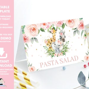 MODELO EDITÁVEL Tendas de comida de animais da selva, rótulos de alimentos, cartões de lugar, vegetação floral rosa, chá de bebê de primeiro aniversário para impressão INSTANTÂNEO, JA6