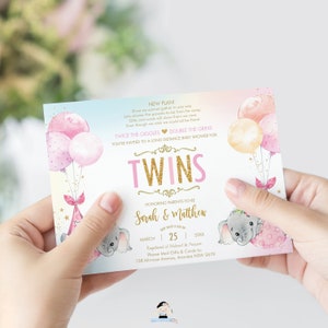 May include: A pink and blue baby shower invitation with a watercolor background and gold glitter accents. The invitation features the words "TWINS" in pink and gold glitter, and the names "Sarah & Matthew" in gold glitter. The invitation also includes a date, a location, and a request for gifts and cards.